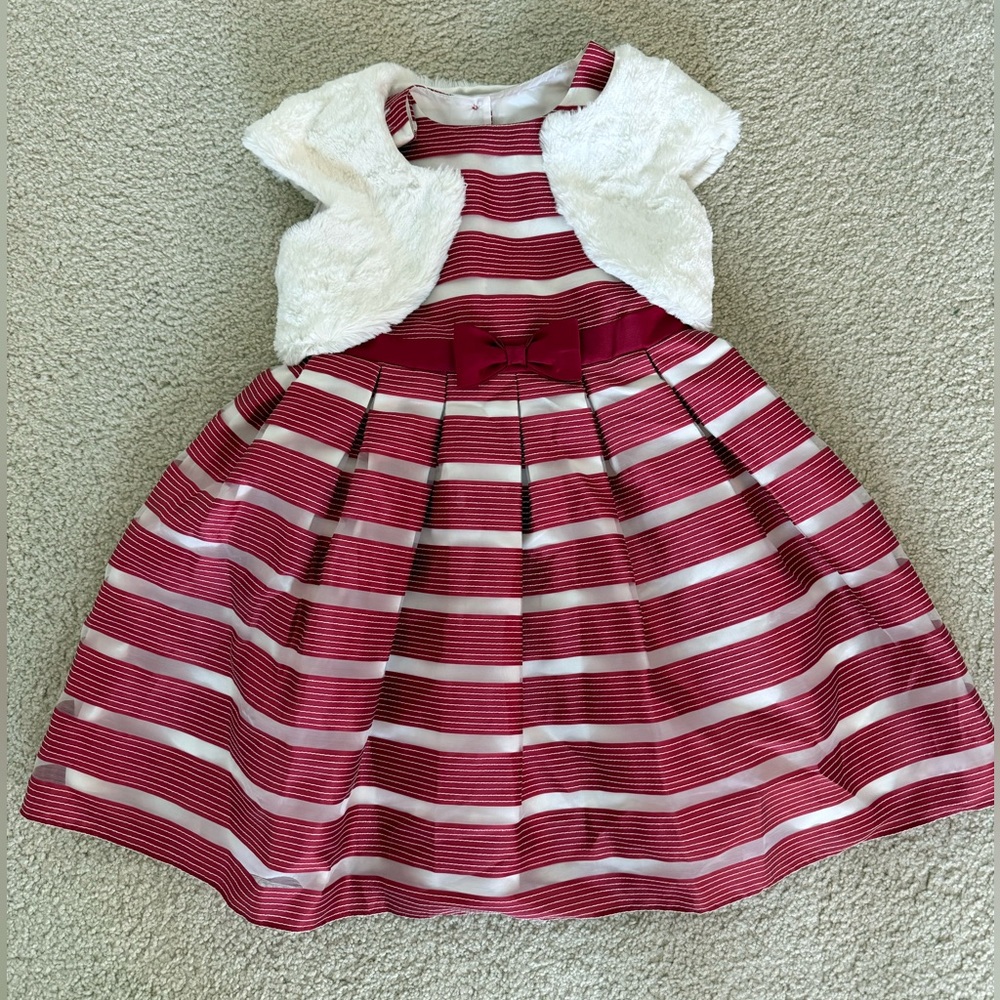 Girls Red and White Striped Dress with Bow and fur jacket size 8